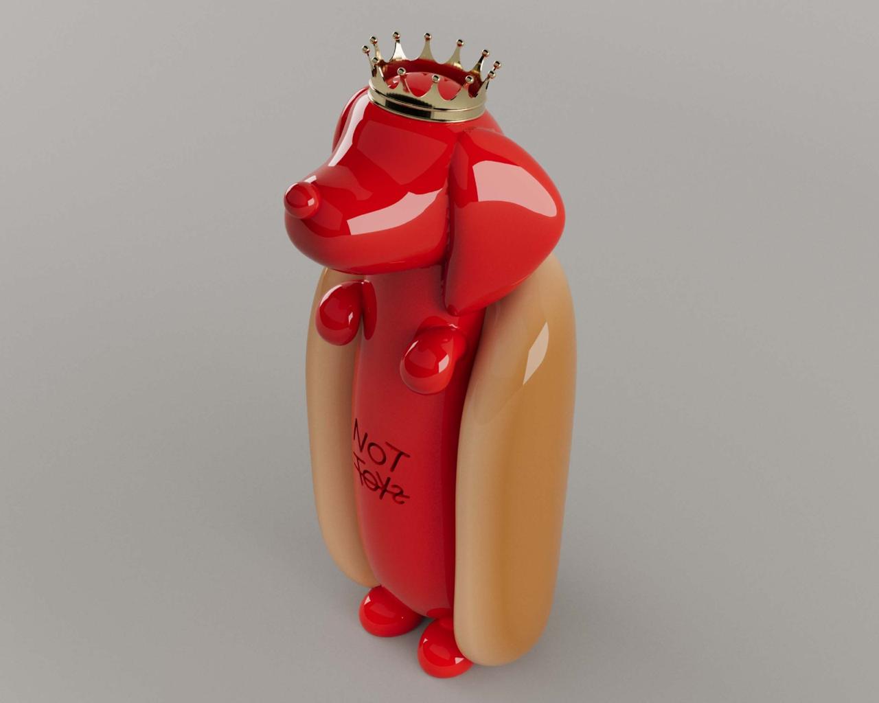 Tubby crowned sausage dog art toy three-quarter view